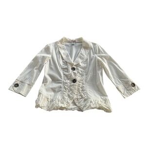 Vintage Wearables White Ruffle Hem Ruched Button Up Jacket Y2K 90s Size Medium